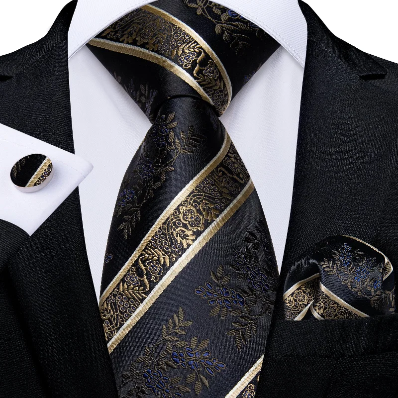 Unique men's necktie for special events-Black Golden Floral Silk Tie