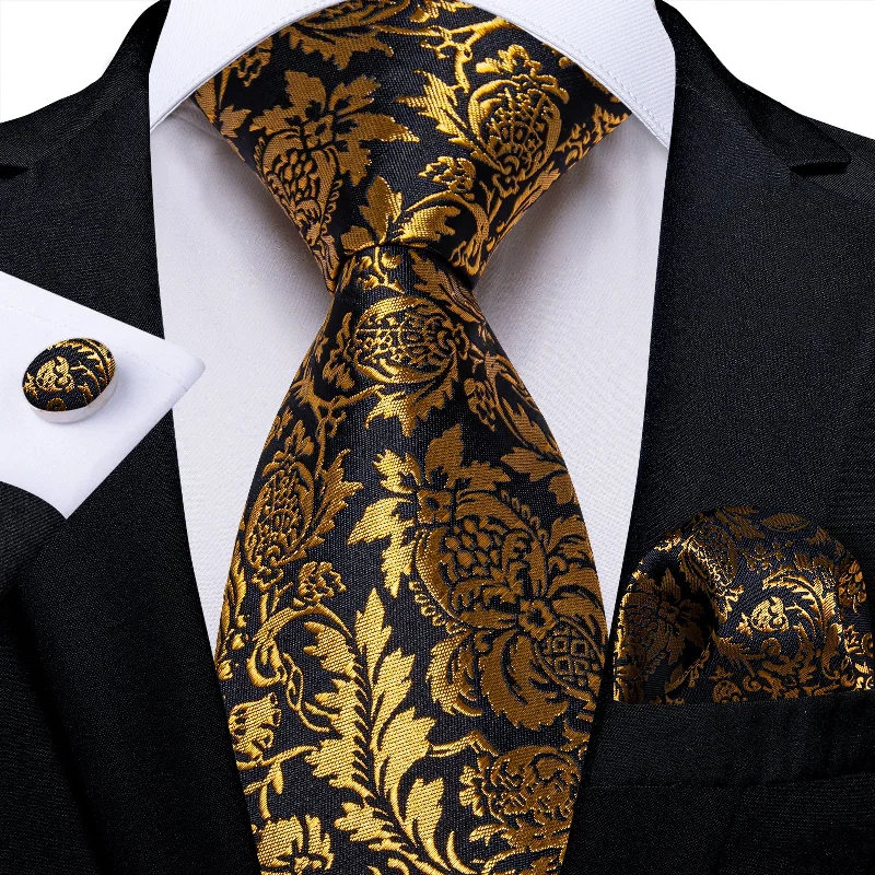 Classic men's tie with subtle texture-Black Golden Floral Men's Tie Pocket Square Cufflinks Set