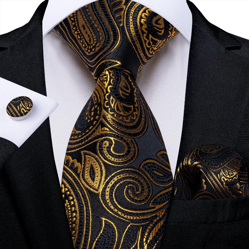 Men's silk tie for wedding season-Black Golden Floral Men's Tie Pocket Square Cufflinks Set