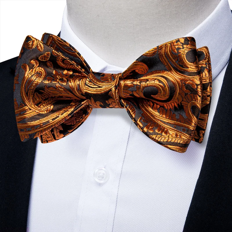 Casual office men's tie-Black Golden Floral Self-Bowtie Pocket Square Cufflinks Set