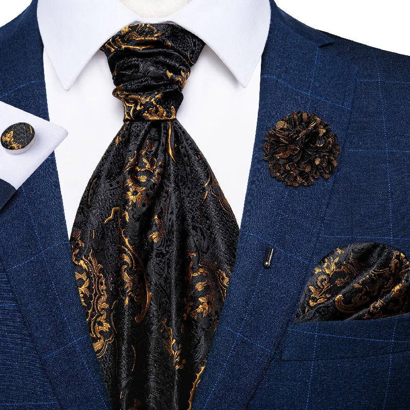 Men's silk tie for interviews-Black Golden Floral Silk Cravat Woven Ascot Tie Pocket Square Handkerchief Suit with Lapel Pin Brooch Set