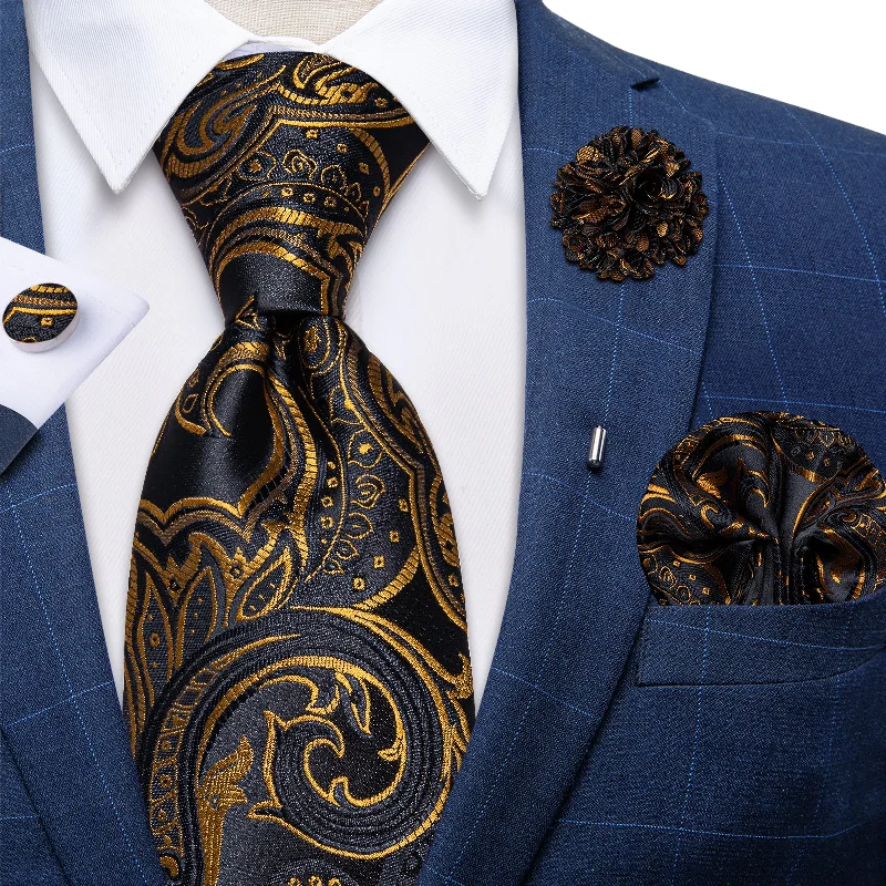 Men's tie for interviews-Black Golden Floral Silk Men's Necktie Handkerchief Cufflinks Set With Lapel Pin Brooch Set