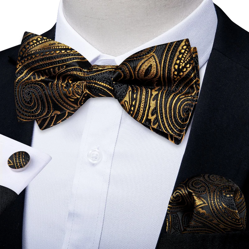 Stylish men's tie-Black Golden Floral Silk Men's Pre-Bowtie Pocket Square Cufflinks Set