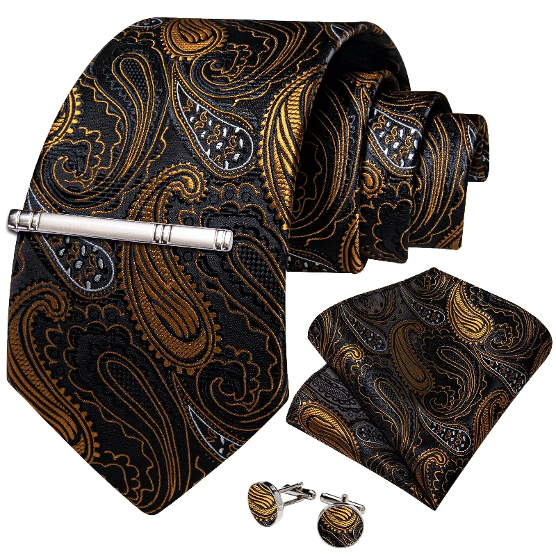 Men's tie for family gatherings-Black Golden Paisley Men's Tie Handkerchief Cufflinks Clip Set