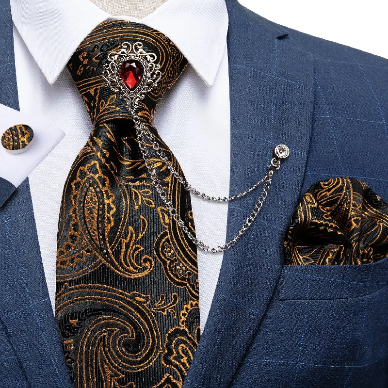 Trendy men's tie for evening wear-Black Golden Paisley Silk Men's Necktie Handkerchief Cufflinks Set With GEM Lapel Pin Brooch Set