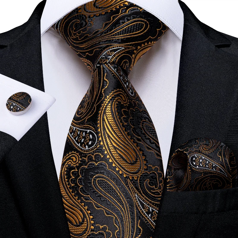 Men's silk tie-Black Golden Paisley Men's Tie Pocket Square Handkerchief Set