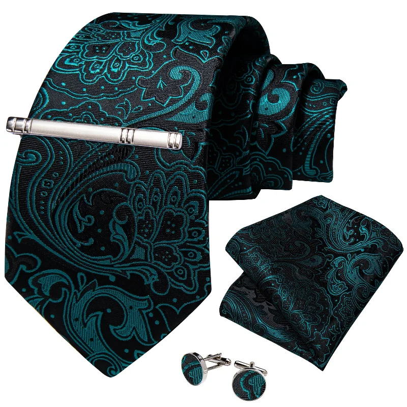 Men's tie with delicate stripes-Black Green Floral Men's Tie Handkerchief Cufflinks Clip Set