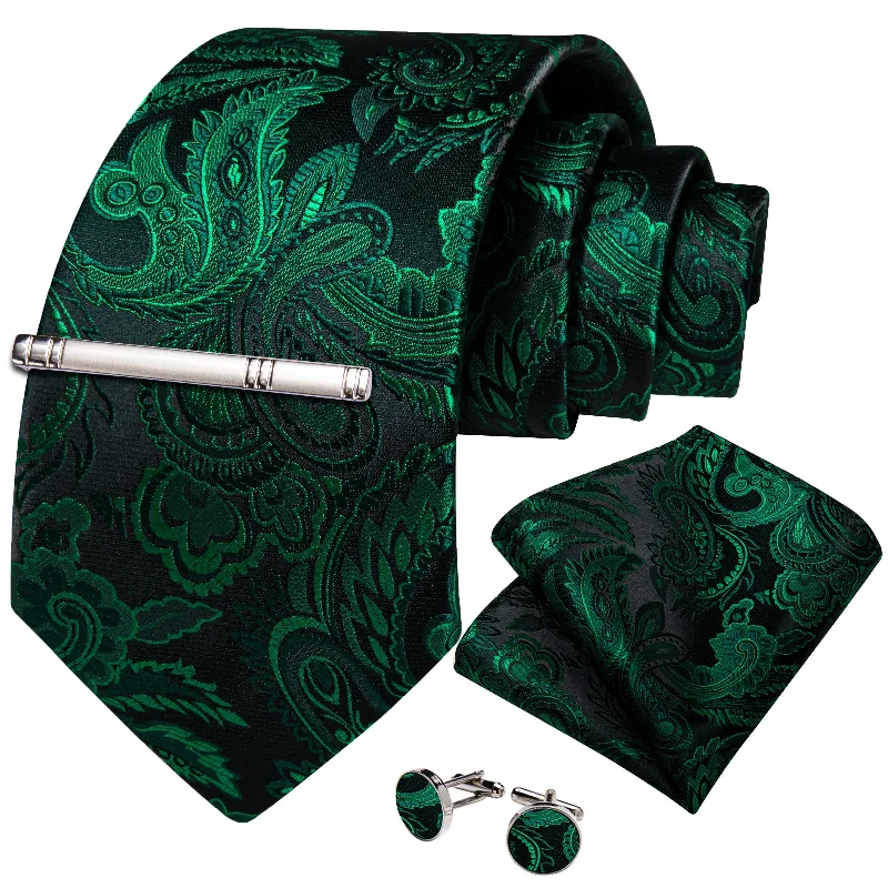 Men's high-quality silk necktie-Black Green Floral Men's Tie Handkerchief Cufflinks Clip Set