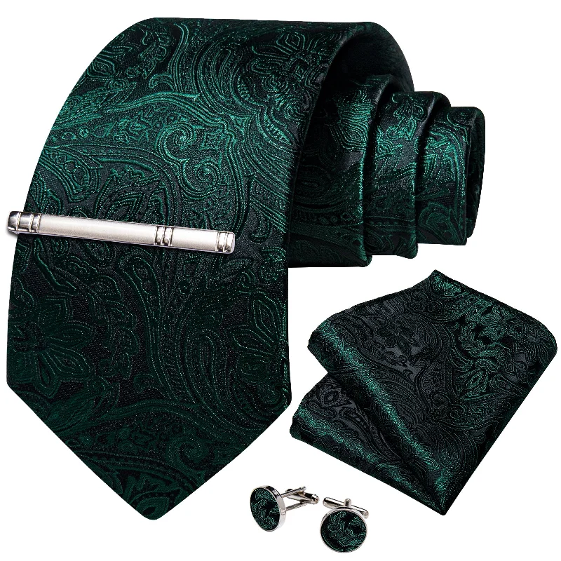 Men's modern necktie for business-Black Green Floral Men's Tie Handkerchief Cufflinks Clip Set