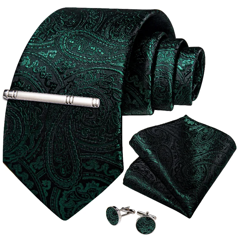 Professional silk tie for men-Black Green Floral Men's Tie Handkerchief Cufflinks Clip Set