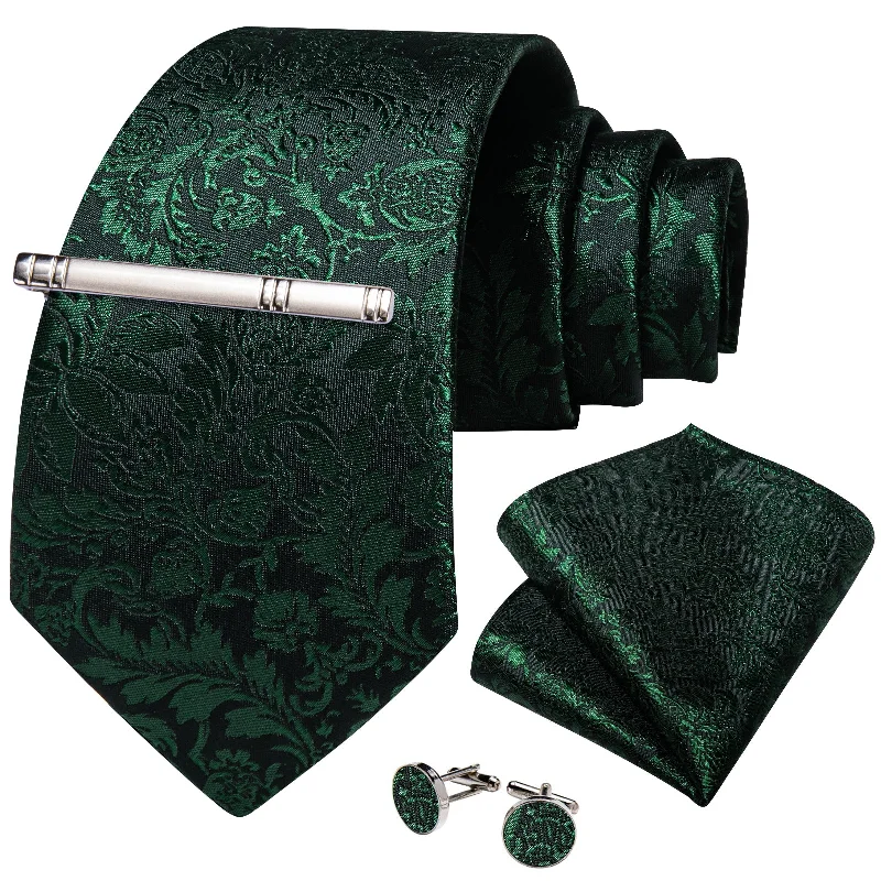 Men's tie with modern patterns-Black Green Floral Men's Tie Handkerchief Cufflinks Clip Set