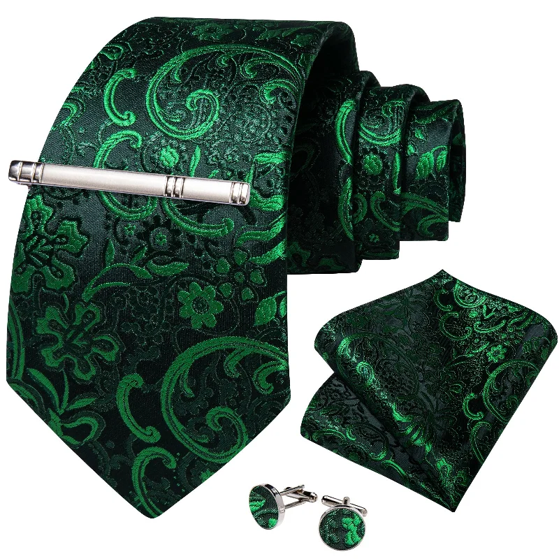 Men's tie for fancy dinners-Black Green Floral Men's Tie Handkerchief Cufflinks Clip Set