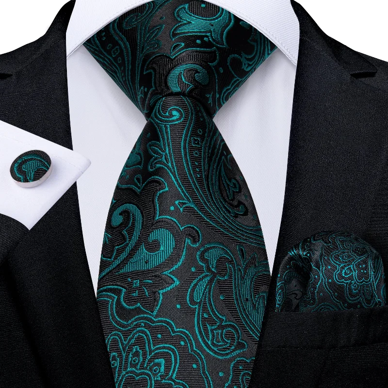 Men's tie for formal attire-Black Green Floral Ties Necktie