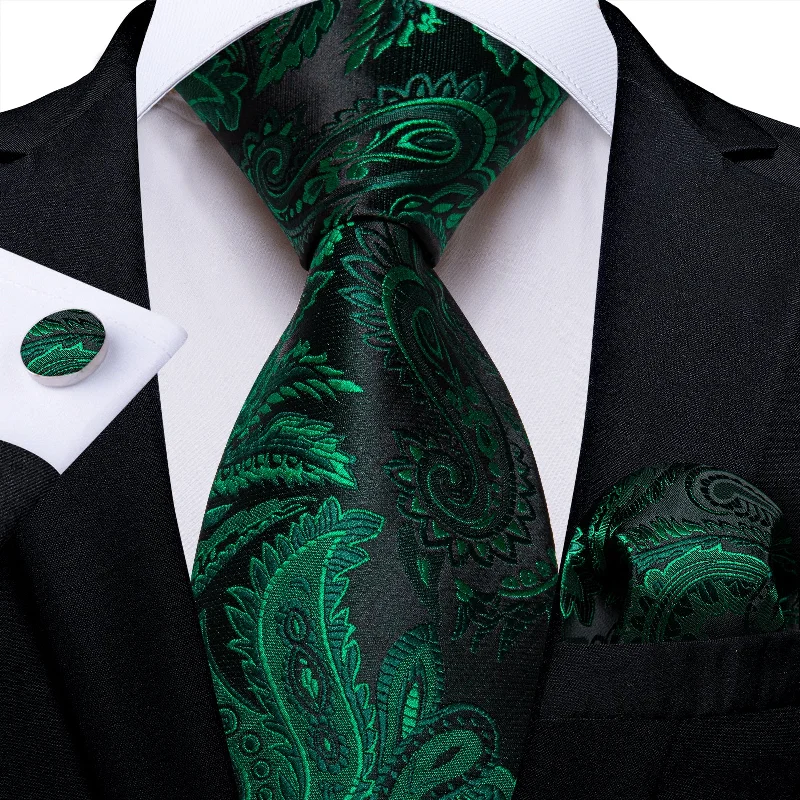 Men's cotton ties-Black Green Floral Men's Tie Pocket Square Handkerchief Set