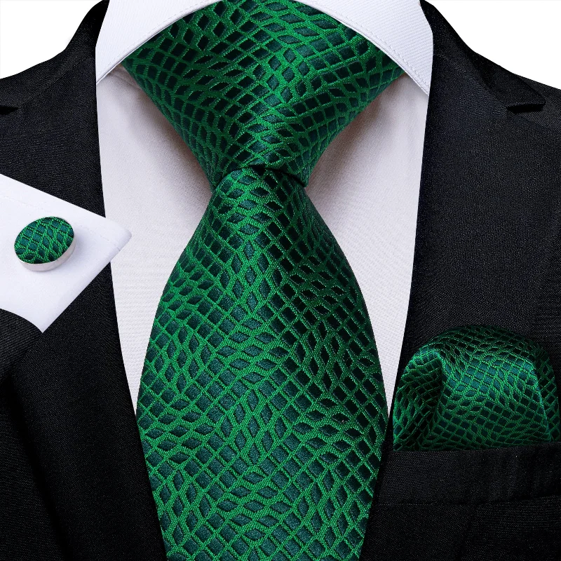 Men's satin tie-Black Green Plaid Men's Tie Handkerchief Cufflinks Set