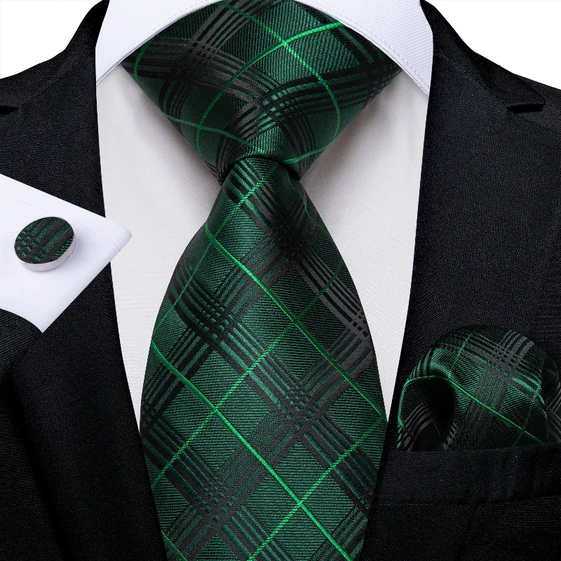 Men's tie for black tie events-Black Green Plaid Men's Tie Pocket Square Handkerchief Set