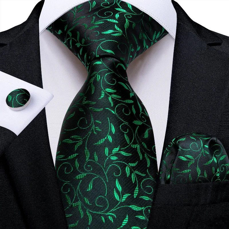 Best men's tie for a job interview-Black Green Printing Men's Tie Pocket Square Cufflinks Set