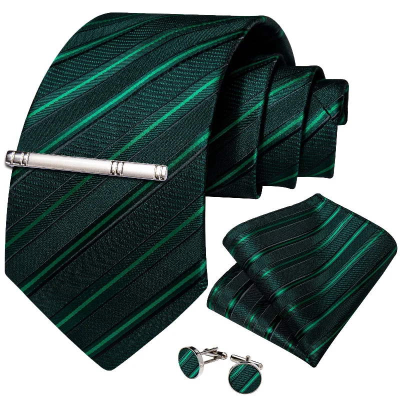 Stylish men's tie with a bold design-Black Green Striped Men's Tie Handkerchief Cufflinks Clip Set