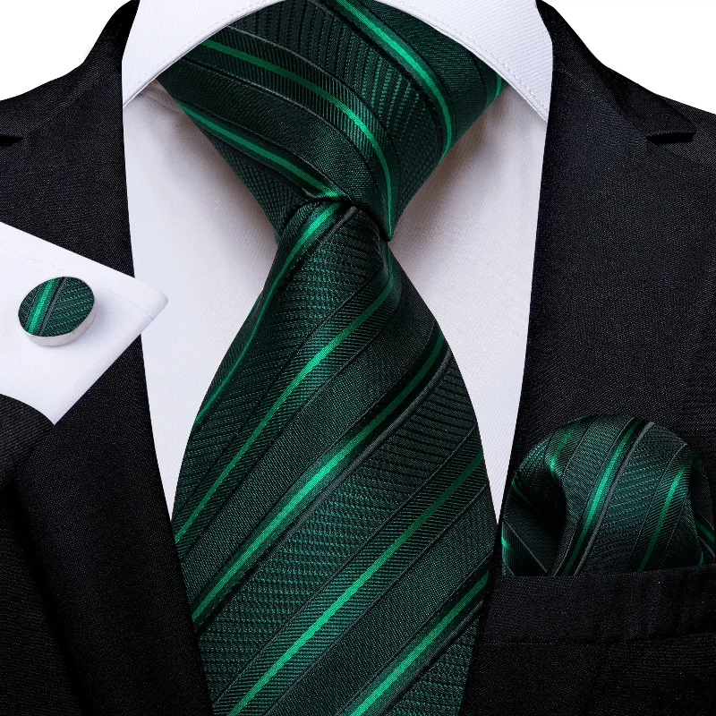 Men's tie with stripes-Black Green Striped Men's Tie Pocket Square Handkerchief Set