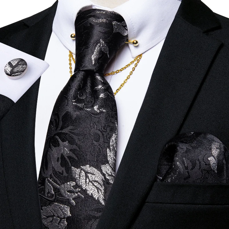 Men's tie with modern stripes-Black Grey Leaf Floral Men's Silk Necktie Handkerchief Cufflinks Set With Collar Pin