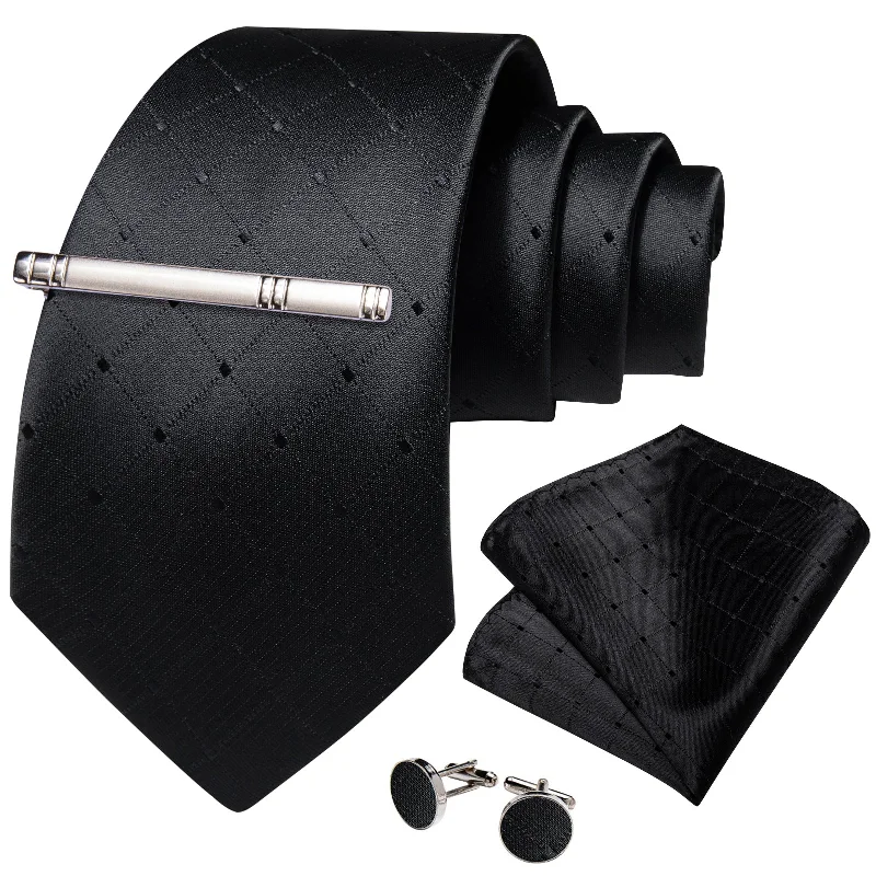 Men's tie for corporate meetings-Black Lattice Solid Men's Tie Handkerchief Cufflinks Clip Set