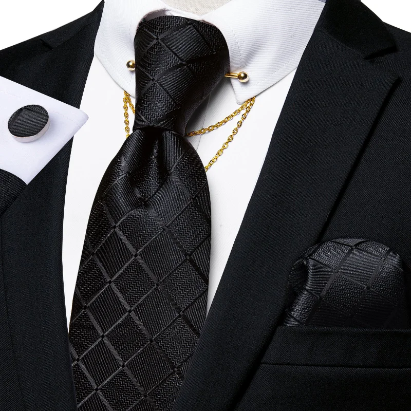 Best men's tie for corporate style-Black Plaid Tie Handkerchief Cufflinks Set with Collar Pin