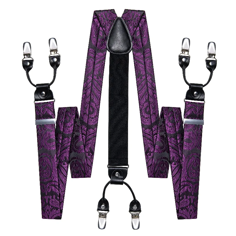 Stylish men's tie with a bold design-Black Purple Floral Brace Clip-on Men's Suspender with Bow Tie Set