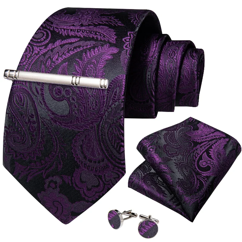 Men's vibrant silk tie-Black Purple Floral Men's Tie Handkerchief Cufflinks Clip Set