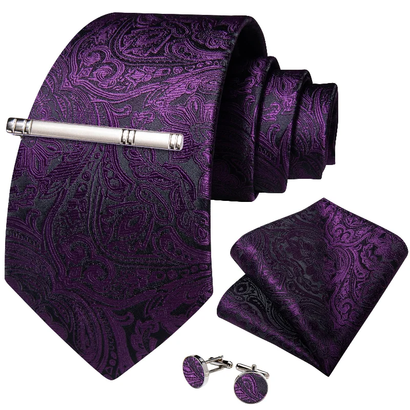 Men's tie for a formal interview-Black Purple Floral Men's Tie Handkerchief Cufflinks Clip Set