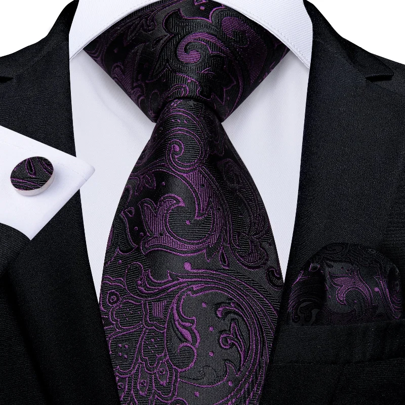 Men's necktie for upscale events-Black Purple Floral Mens Tie