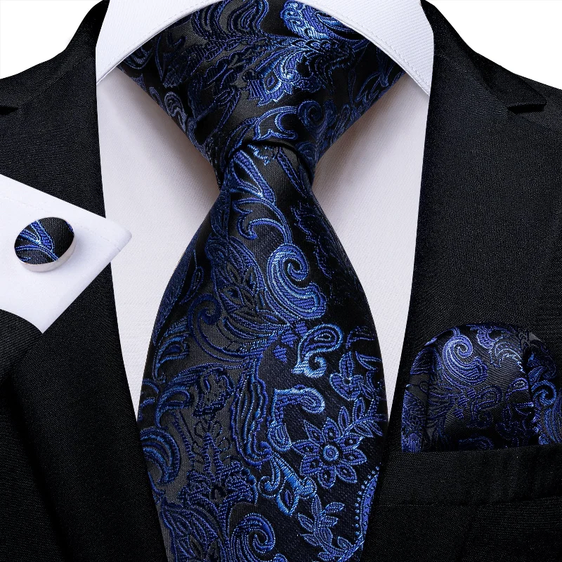 Men's tie with a modern design-Black Blue Floral Men's Tie Pocket Square Cufflinks Set