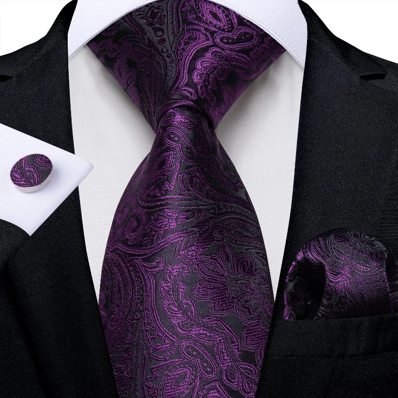 Men's printed ties-Black Purple Floral Men's Tie Pocket Square Handkerchief Set