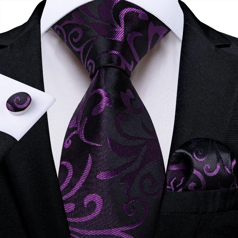 Best men's tie for formal events-Black Purple Floral Men's Tie Pocket Square Handkerchief Set