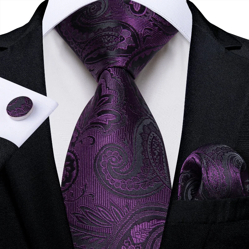 Men's tie with polka dots-Black Purple Floral Men's Tie Pocket Square Handkerchief Set