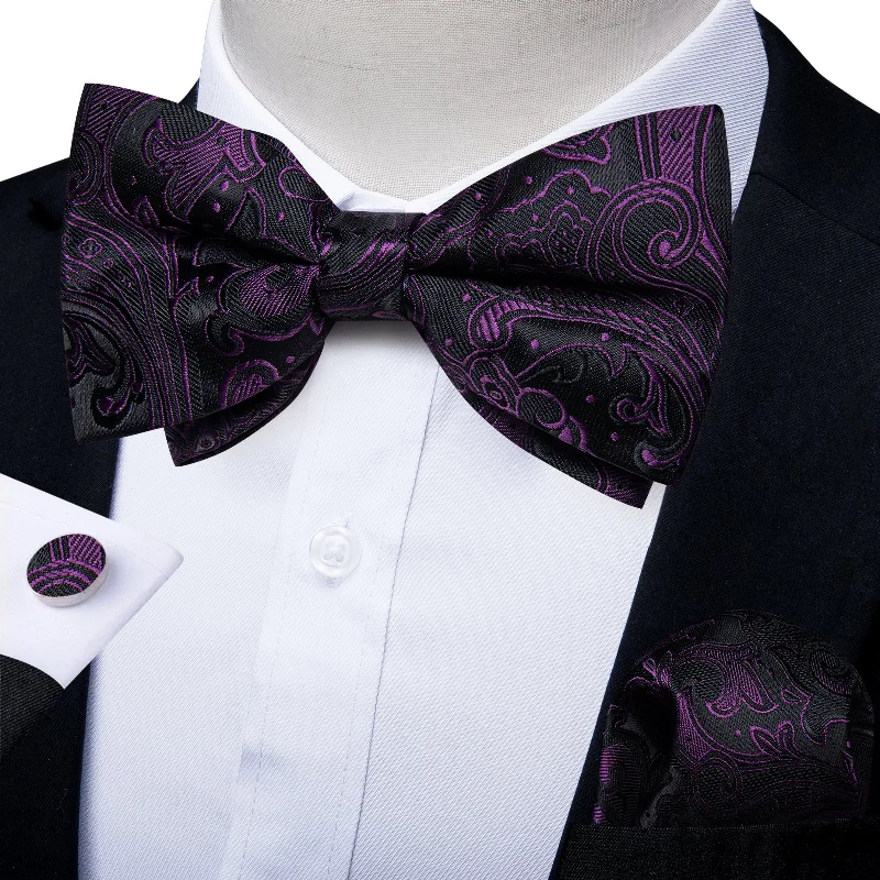 Elegant men's necktie for weddings-Black Purple Floral Silk Men's Pre-Bowtie Pocket Square Cufflinks Set