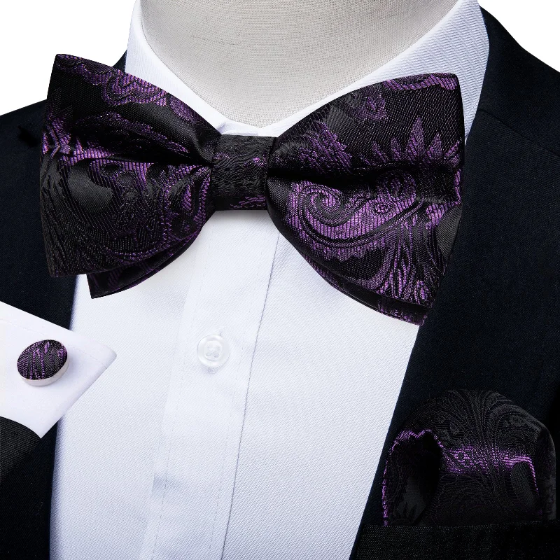 Affordable men's tie with patterns-Black Purple Floral Silk Men's Pre-Bowtie Pocket Square Cufflinks Set