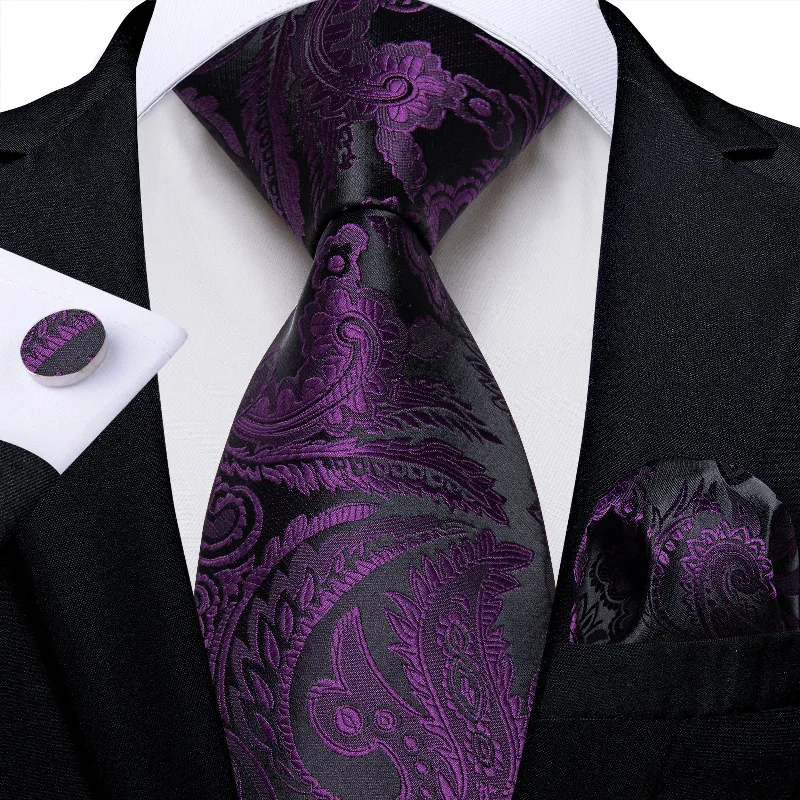 Men's paisley tie-Black Purple Red Floral Men's Tie Pocket Square Handkerchief Set