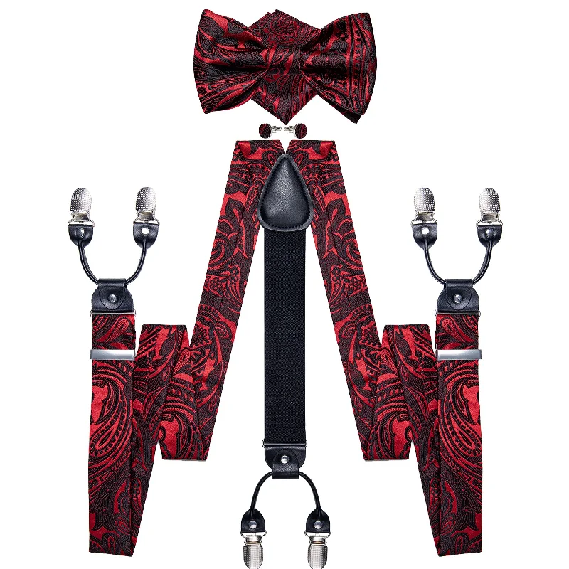 Men's tie for casual wear-Black Red Floral Brace Clip-on Men's Suspender with Bow Tie Set