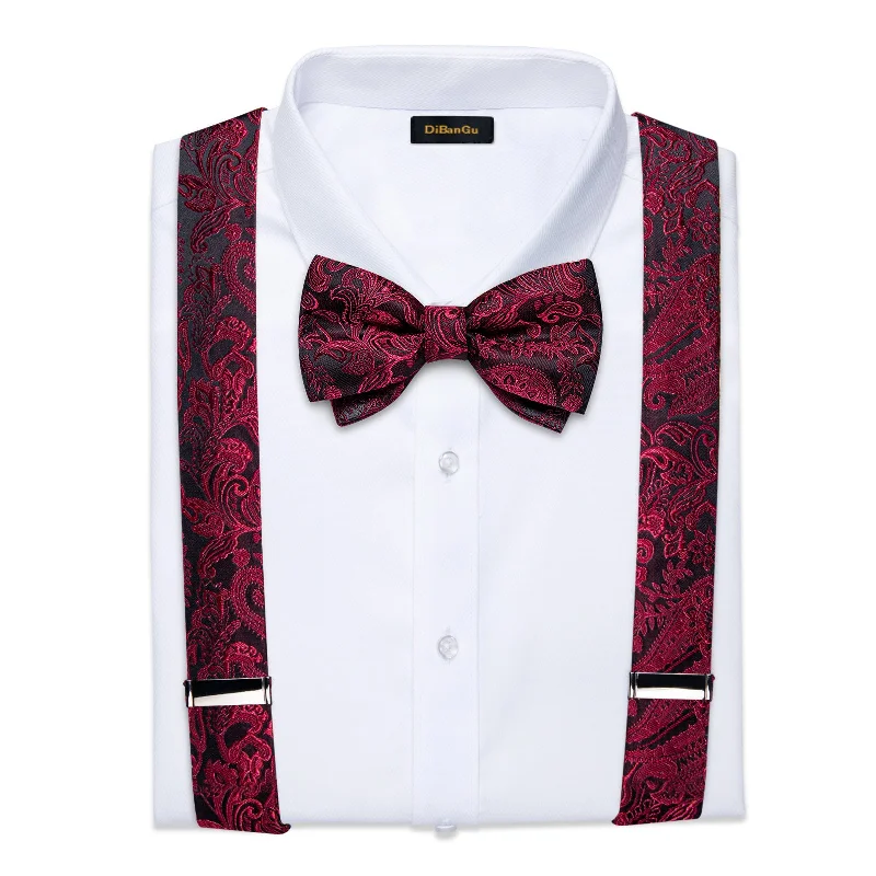 Men's tie with a modern design-Black Red Floral Brace Clip-on Men's Suspender with Bow Tie Set