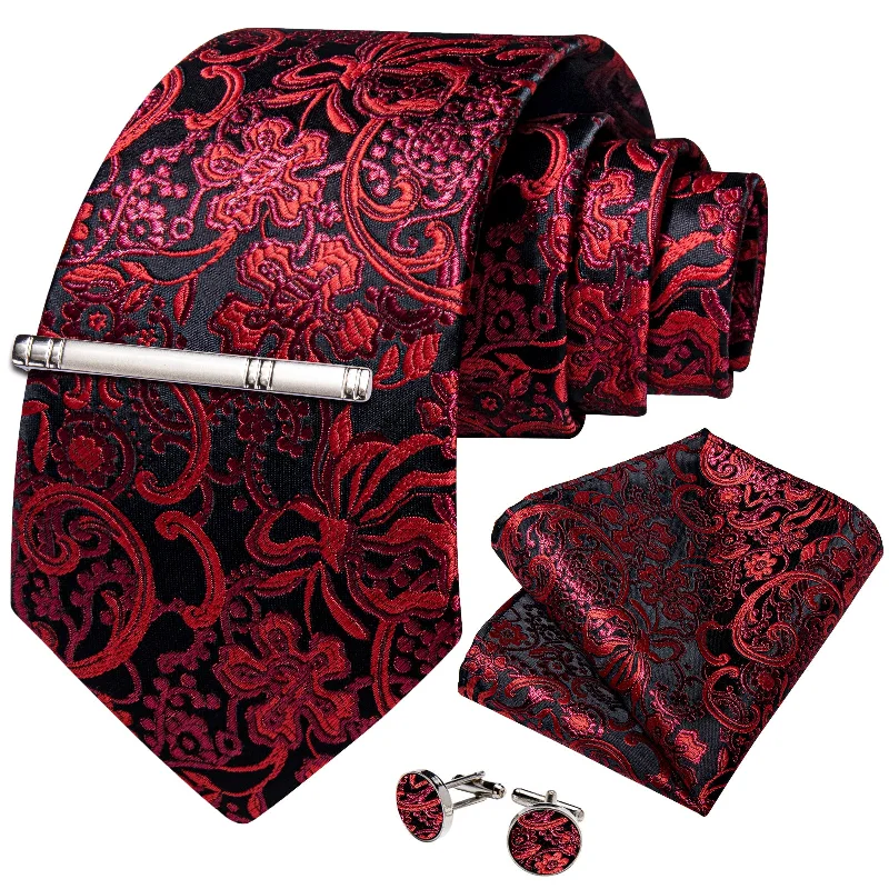 Men's tie with modern stripes-Black Red Floral Men's Tie Handkerchief Cufflinks Clip Set