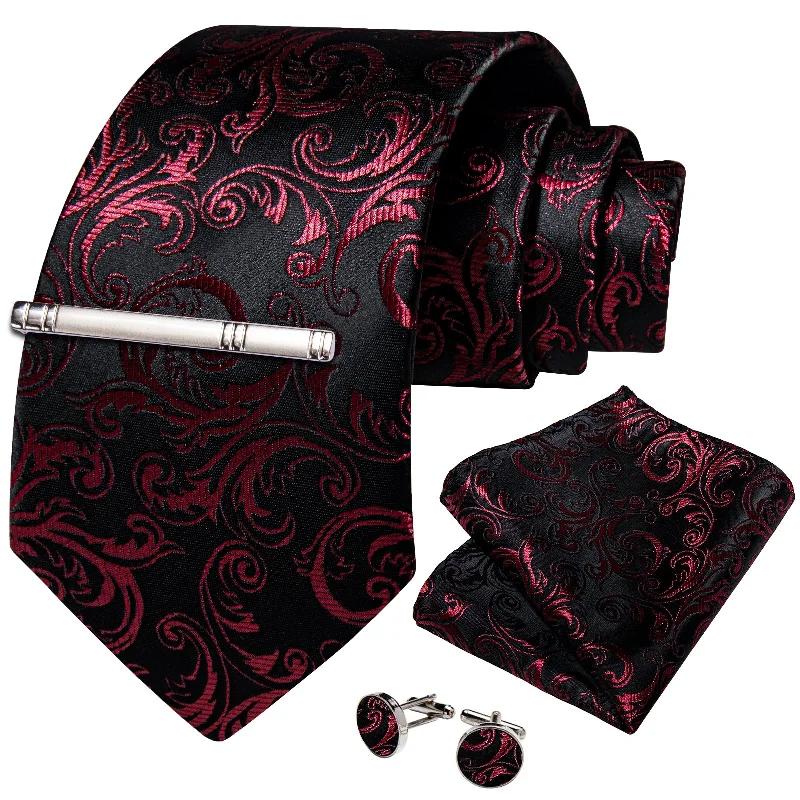 Men's tie with abstract pattern-Black Red Floral Men's Tie Handkerchief Cufflinks Clip Set