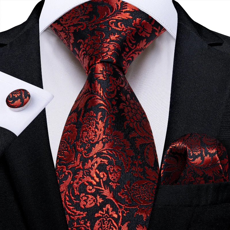 Men's silk tie with a refined texture-Black Red Floral Men's Tie Pocket Square Cufflinks Set