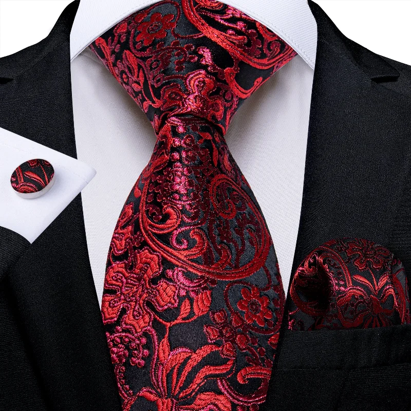 Designer tie for men-Black Red Floral Men's Tie Pocket Square Cufflinks Set