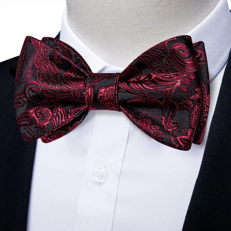 Men's tie for a formal interview-Black Red Floral Self-Bowtie Pocket Square Cufflinks Set