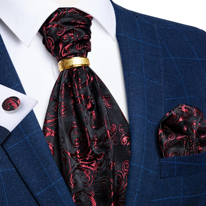 Men's tie for black tie events-Black Red Floral Silk Cravat Woven Ascot Tie Pocket Square Cufflinks With Tie Ring Set