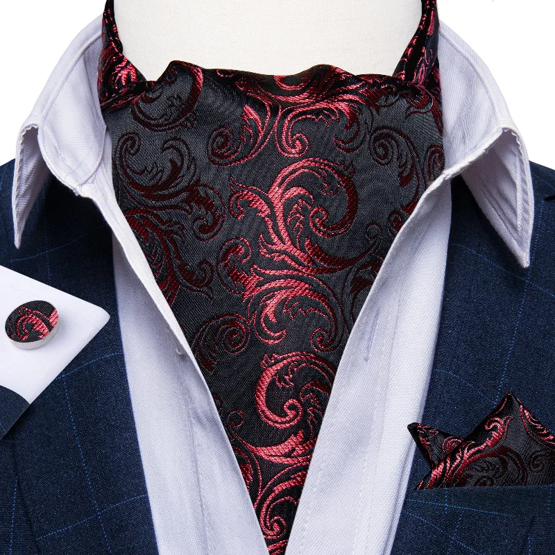 Unique men's necktie-Black Red Floral Silk Cravat Woven Ascot Tie Pocket Square Handkerchief Suit Set