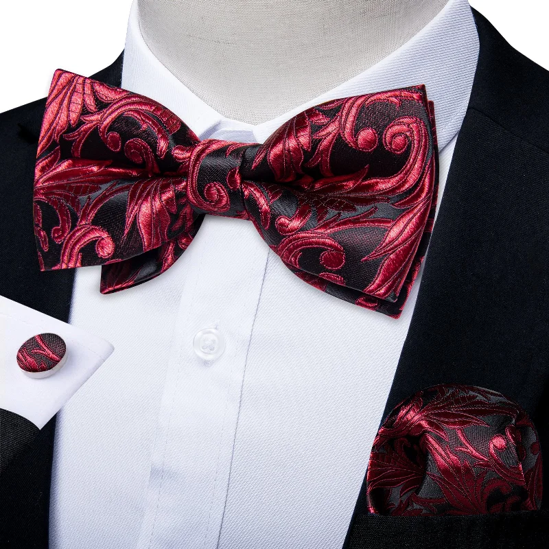 Men's tie for a graduation-Black Red Floral Silk Men's Pre-Bowtie Pocket Square Cufflinks Set