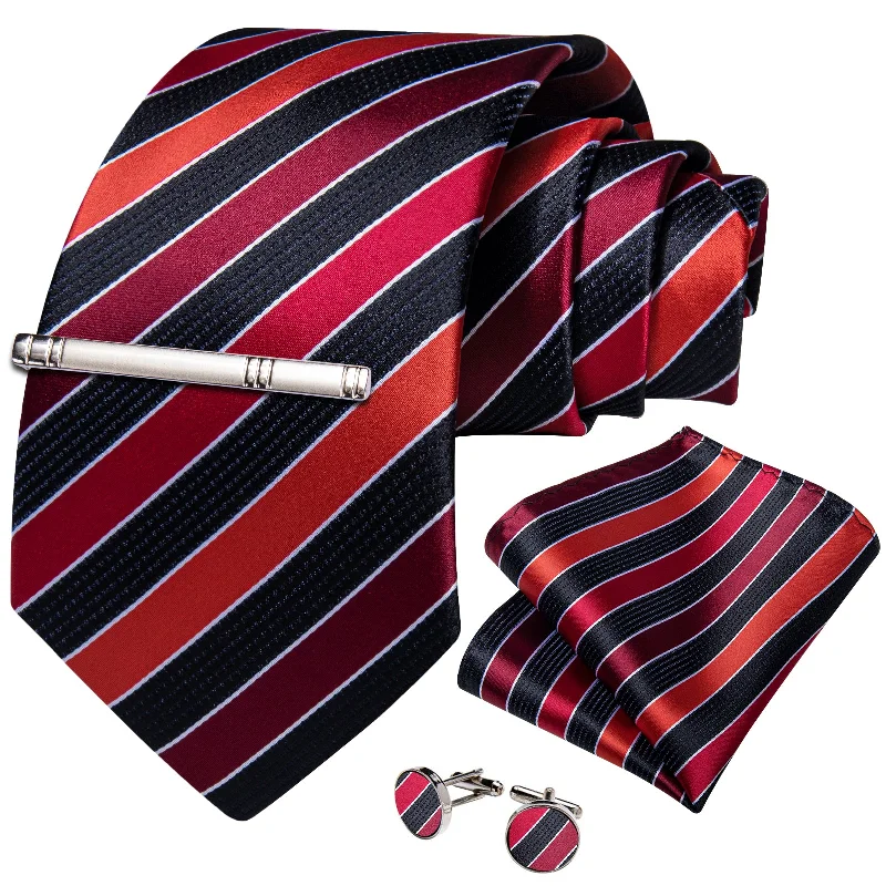 Men's tie for everyday office wear-Black Red Striped Men's Tie Handkerchief Cufflinks Clip Set