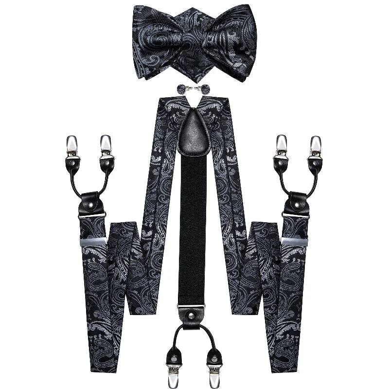 Men's business tie with subtle patterns-Black Silver Floral Brace Clip-on Men's Suspender with Bow Tie Set