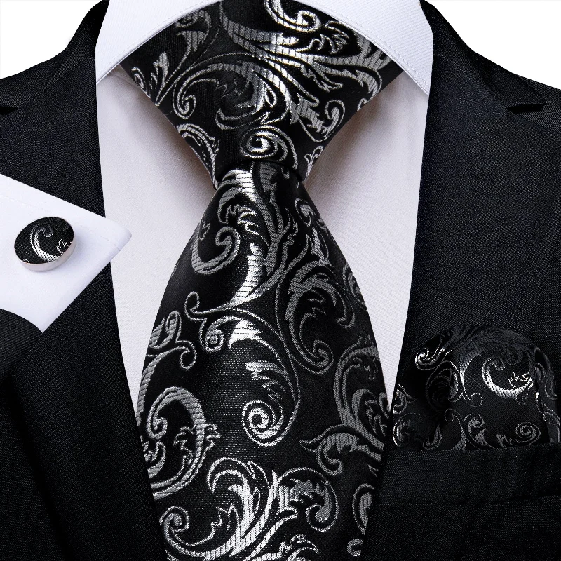 Best men's tie for casual events-Black Silver Floral Men's Tie Pocket Square Handkerchief Set